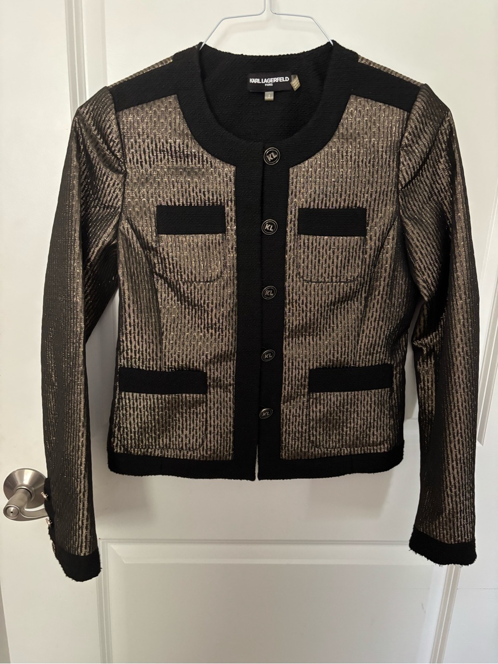 Karl Lagerfeld Black & Gold Textured Tweed-Style Jacket